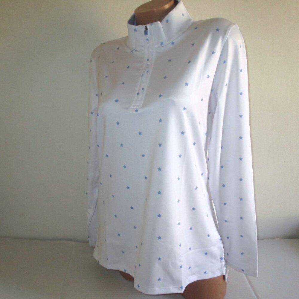 RENWICK Quarter-Zip Mock Neck Golf Top Size L White Periwinkle Star Print White - Picture 3 of 8